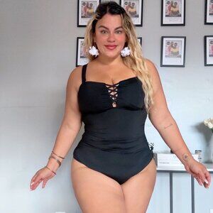 YONIQUE Lattice Ruched Wireless One-Piece Swimsuit Black Plus Size Tummy Control